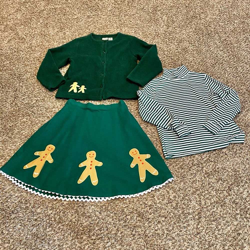 LL Bean Kids Vintage Gingerbread Appliqué Green Skirt Fleece Cardigan Tneck 14